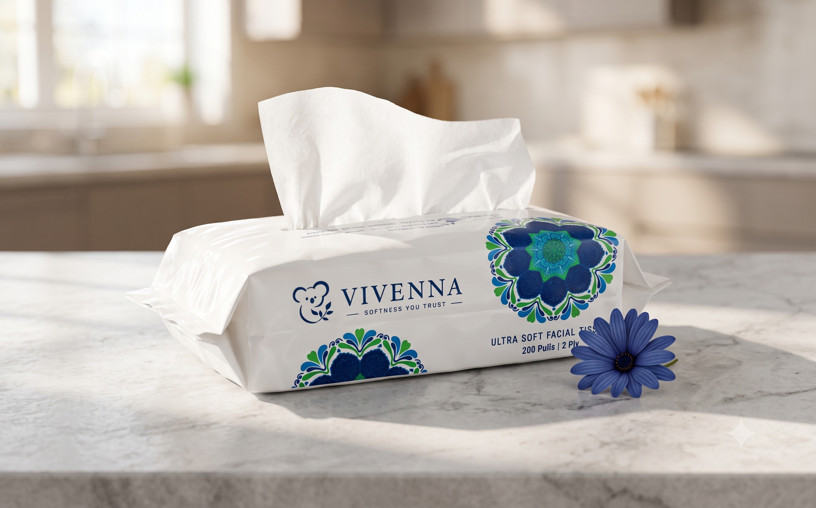 Vivenna tissue box on soft luxury white linen with blue flower