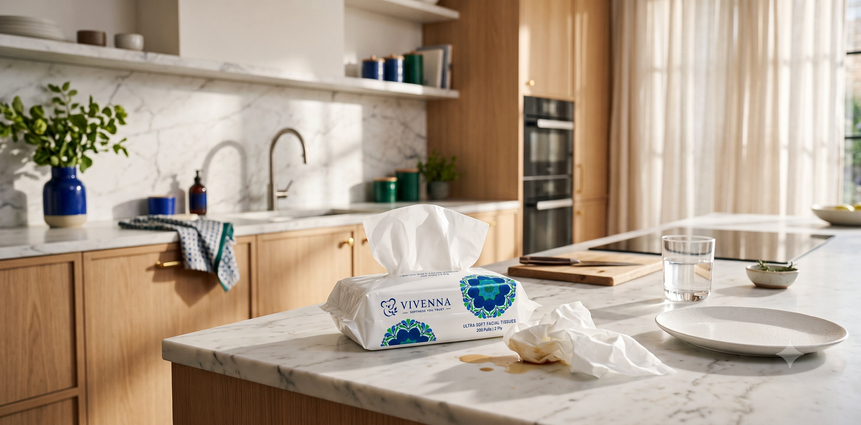 Kitchen countertop with lemons and tissue box