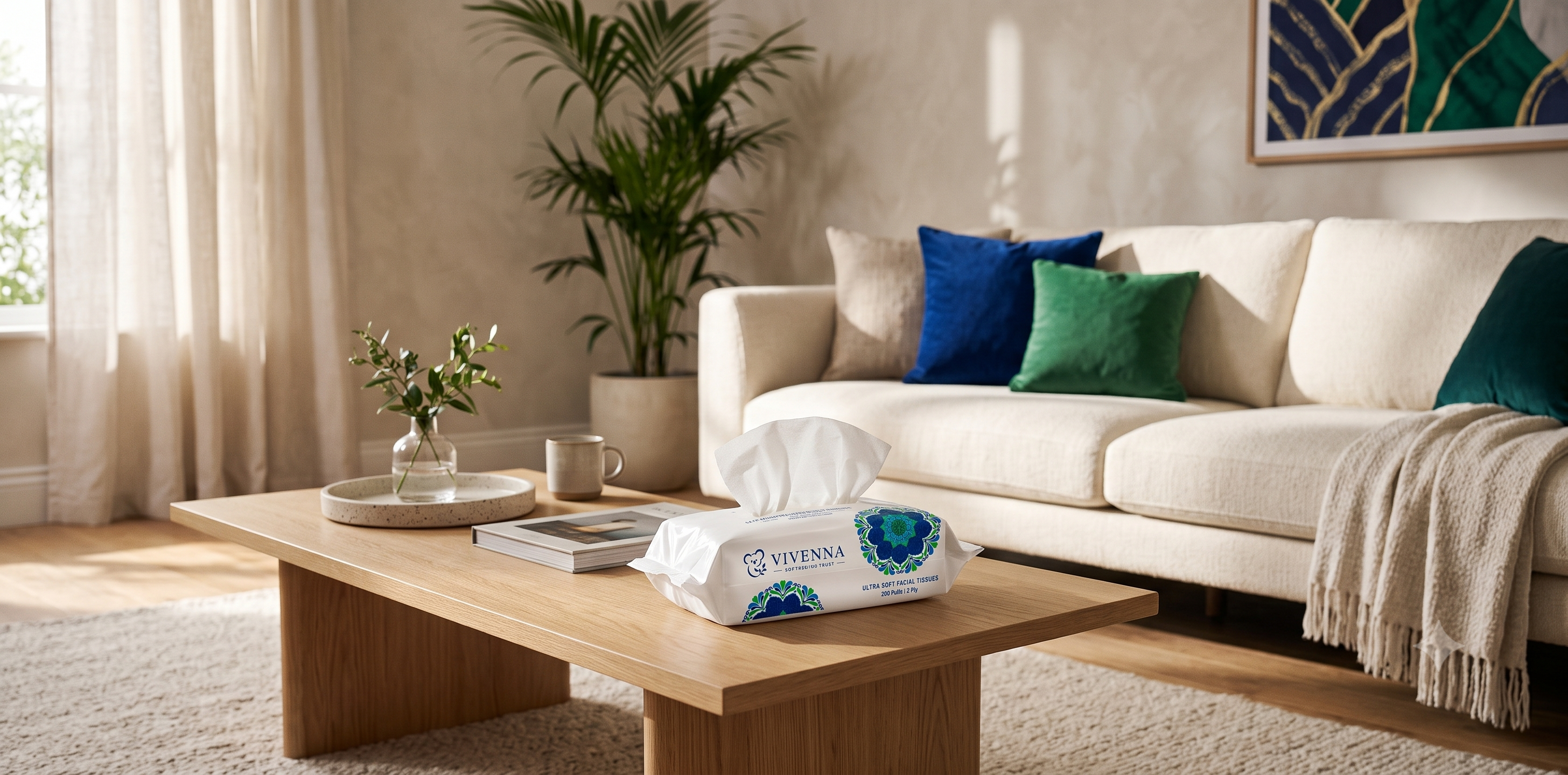 Living room with sofa and tissue box