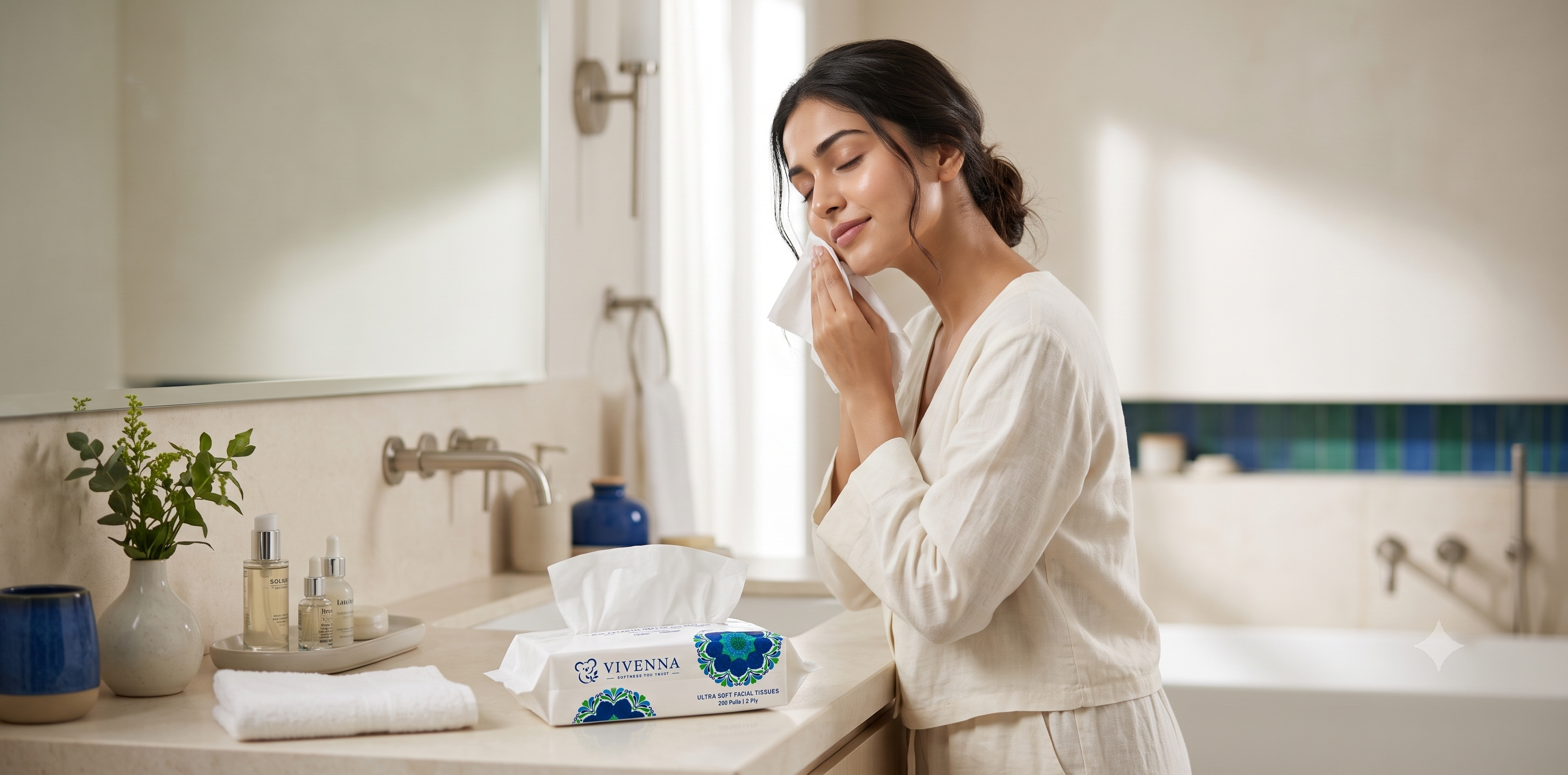 Woman gently wiping face with soft tissue